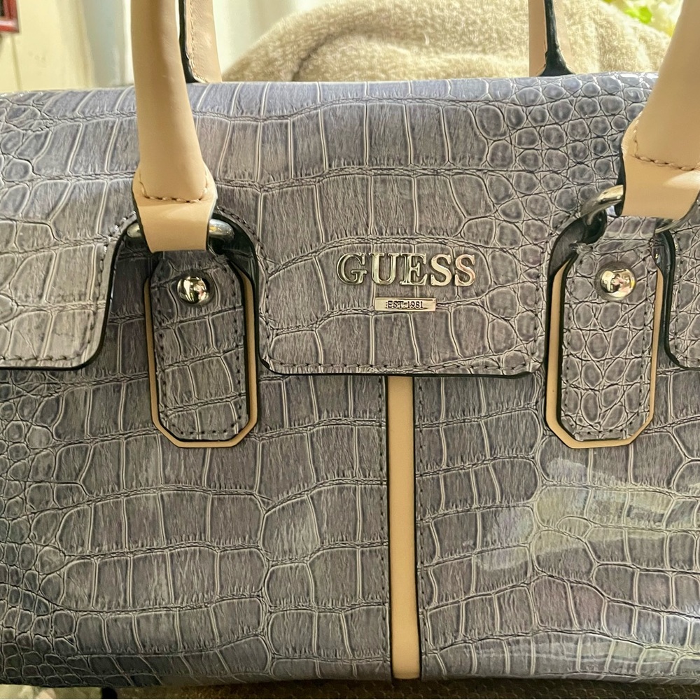 GUESS Croc-Embossed Satchel in Blue and Cream - Picture 1 of 4